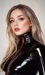 a woman in black leather with blonde hair and a red hood