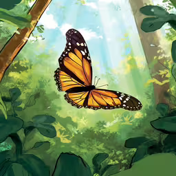 an orange butterfly flying over some trees and vegetation,a butterfly is flying over the ground by some trees