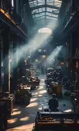sunbeams are shining through a warehouse with workers working in it