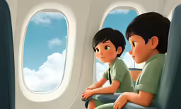 a couple of kids are in a plane looking out the window