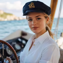 a woman with a white shirt is wearing a hat and driving a boat