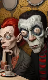 two faces painted as men with eyes that look like they are looking for money