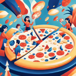 an illustration of people standing around a large pizza