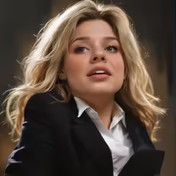 a woman in a black suit looks off into the distance