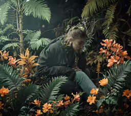 a girl is sitting on a branch among foliage and flowers