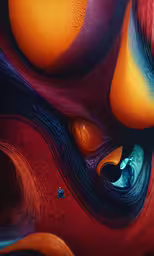 a large art piece with a blue eye and an orange background,an abstract background with liquid flowing around it