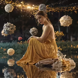 a woman sitting on the ground in front of flowers