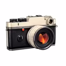 a camera on white with red light coming out