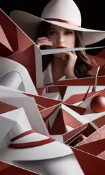 a beautiful woman in white and red is wearing a hat