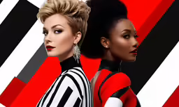 a trio of two black and white women on red and black stripes