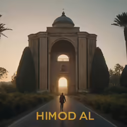 a person walking in front of a tall white arch
