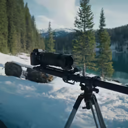a telescope on top of a tripod on a snow covered slope