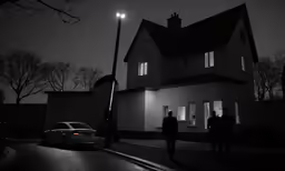 people are standing in front of a house