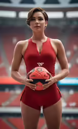 a sexy woman posing in red bathing suit holding a basketball