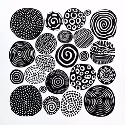 the black and white circles are arranged on white paper,abstract art in black and white on paper