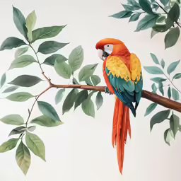 a parrot sitting on a branch with leaves in the background