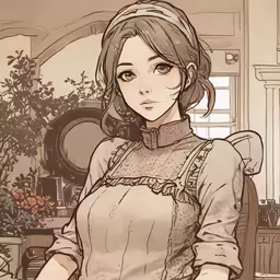 the young girl is standing in front of a chair