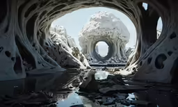 a bunch of strange looking rock formations by the water