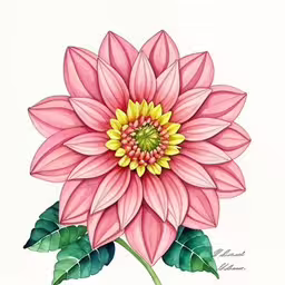 a pink flower on a white surface with a leaf,a picture of a water lily with some green leaves,a pink flower with leaves on the side,a large pink flower with green leaves on it,this is a colorful flower painted in watercolor