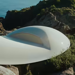 an unusual white object with grass near the sea