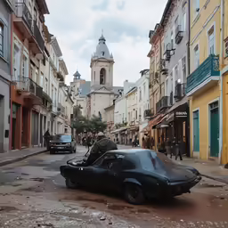 a car in a street with a clock tower in the background