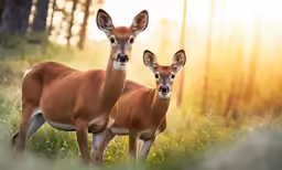 the two deer stand together outside in the grass
