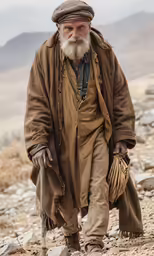an older man with white beard standing on top of a mountain