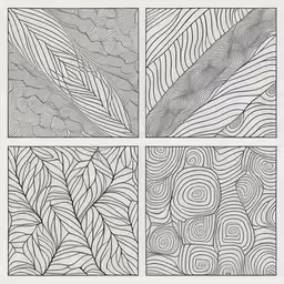 three panels of hand made fabric, a second panel of the finished piece with black lines showing wavy design in four different stages of movement and a single line, vertically curved pattern, parallel pattern,four abstract drawings in black and white,three different images of black and white leaves,four different lines with designs in each, the one on top and bottom,a group of three different lines, with different shapes and sizes