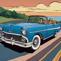 an old classic car driving down the road,the car is driving on the road, with two people in it