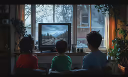 three children sitting on the windowsill watching a television