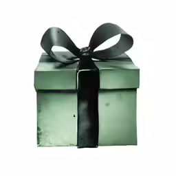 a square present box with a black ribbon