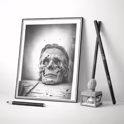 a black and white painting next to a pen and an inked image