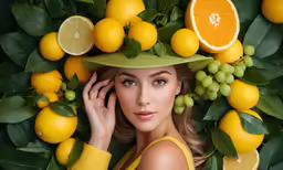 a woman is wearing a hat surrounded by fruit