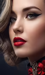 a woman in black and red outfit with lipstick on her lips