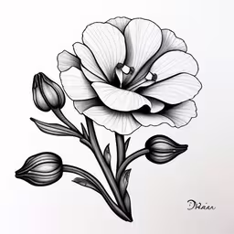 a drawing of a flower on a paper,the drawing of the flower is black and white