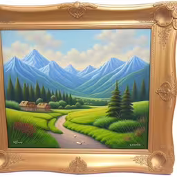 a painting with the painting of a mountainous landscape,painting of landscape with mountain scenery and village