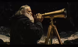 a man standing next to a telescope looking through it