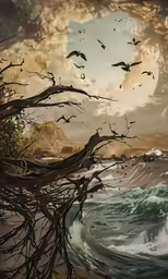 a painting of sea birds with cloudy sky