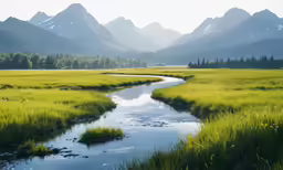 a stream flows through a wide open field