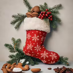 a red stockings hanging next to a bunch of nuts