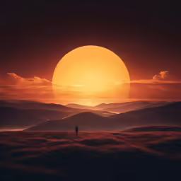 a person standing on a grassy area near a mountain at sunset