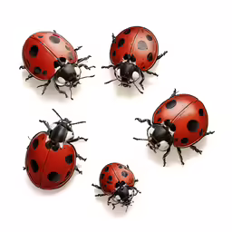 six lady bug are in formation, and one is black and red