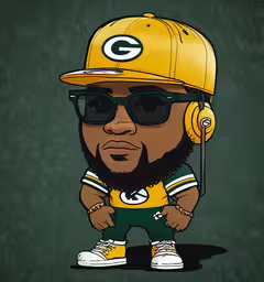the green bay packers player wearing a football cap, sunglasses and headphones,the green bay packers cartoon with a pair of headphones