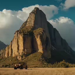 an old, flat bed truck driving away from a huge rock formation