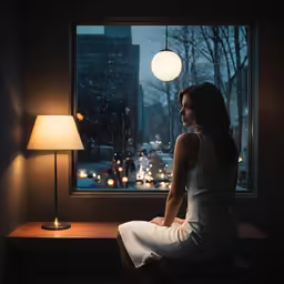 the woman in a white dress sits by the window