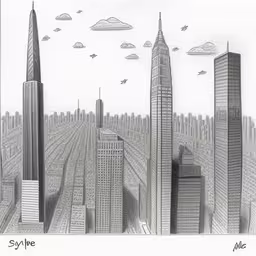 an illustration of a city skyline from different eras,a pencil drawing of an urban skyline in nyc