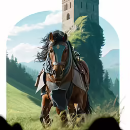 a digital painting of a horse in the middle of an open field with a castle on the top of it