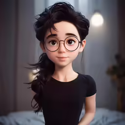a close up of a doll with long black hair