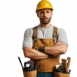 a person wearing a hard hat standing in front of a white background