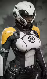 a woman wearing black and white armor